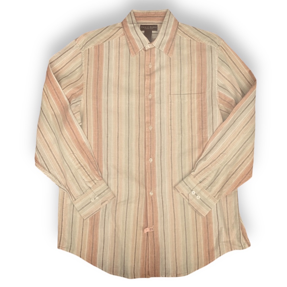 Crazy Horse dress shirt stripe linen blend muted colors Large orange brown cream